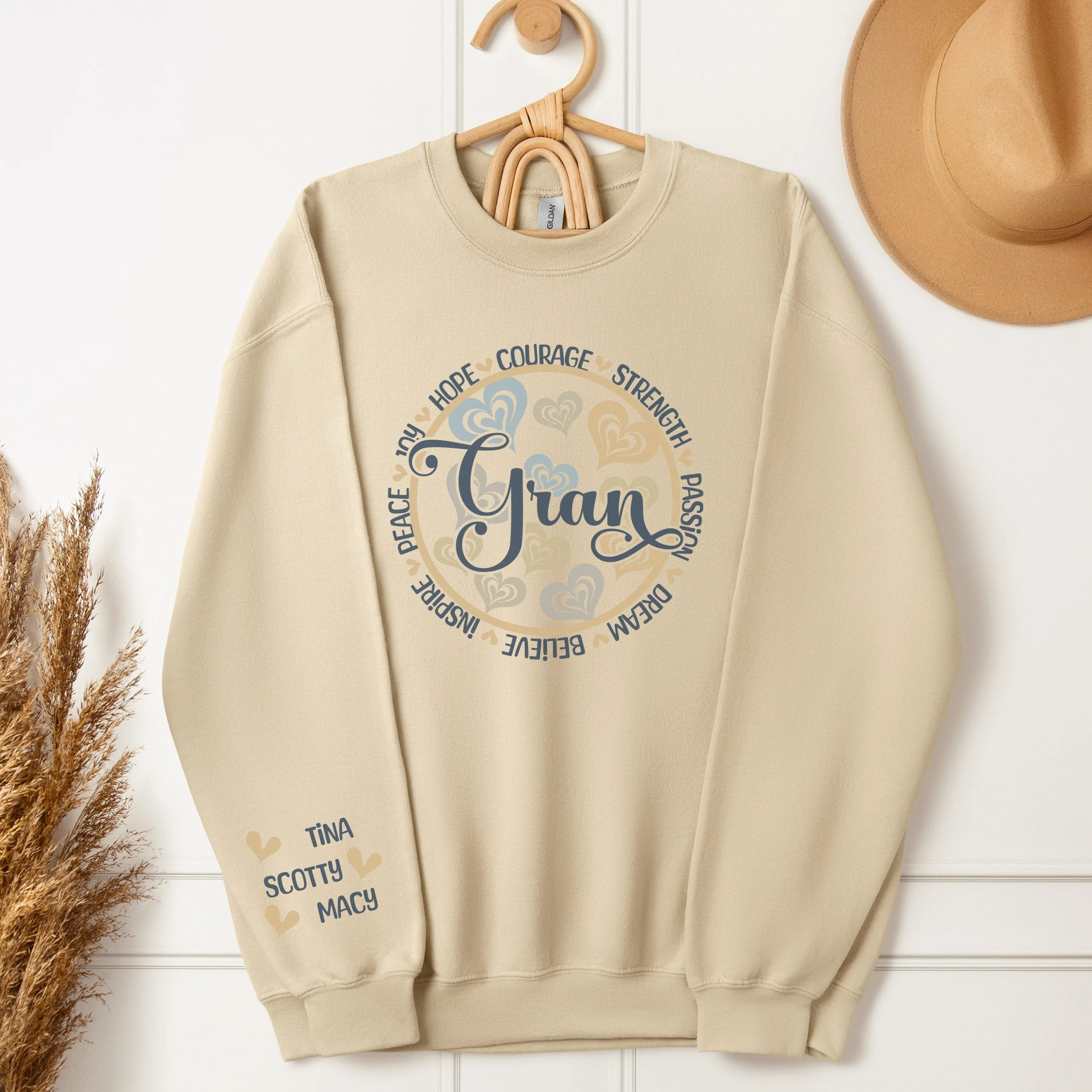 Personalized Sleeve Print Inspirational Grace Sweatshirt With Words of Hope, Strength, and Courage Design, Custom Mother's Day