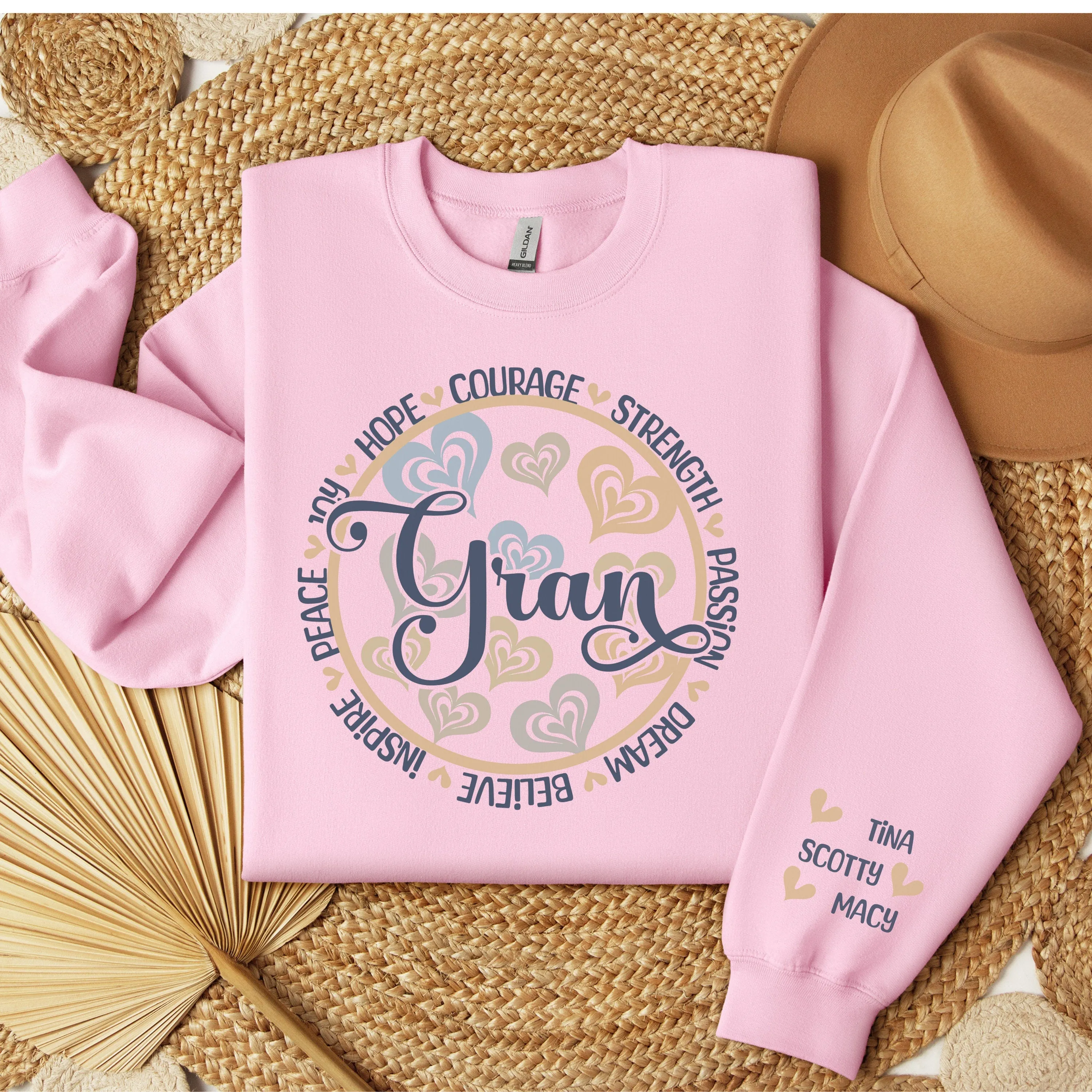 Personalized Sleeve Print Inspirational Grace Sweatshirt With Words of Hope, Strength, and Courage Design, Custom Mother's Day
