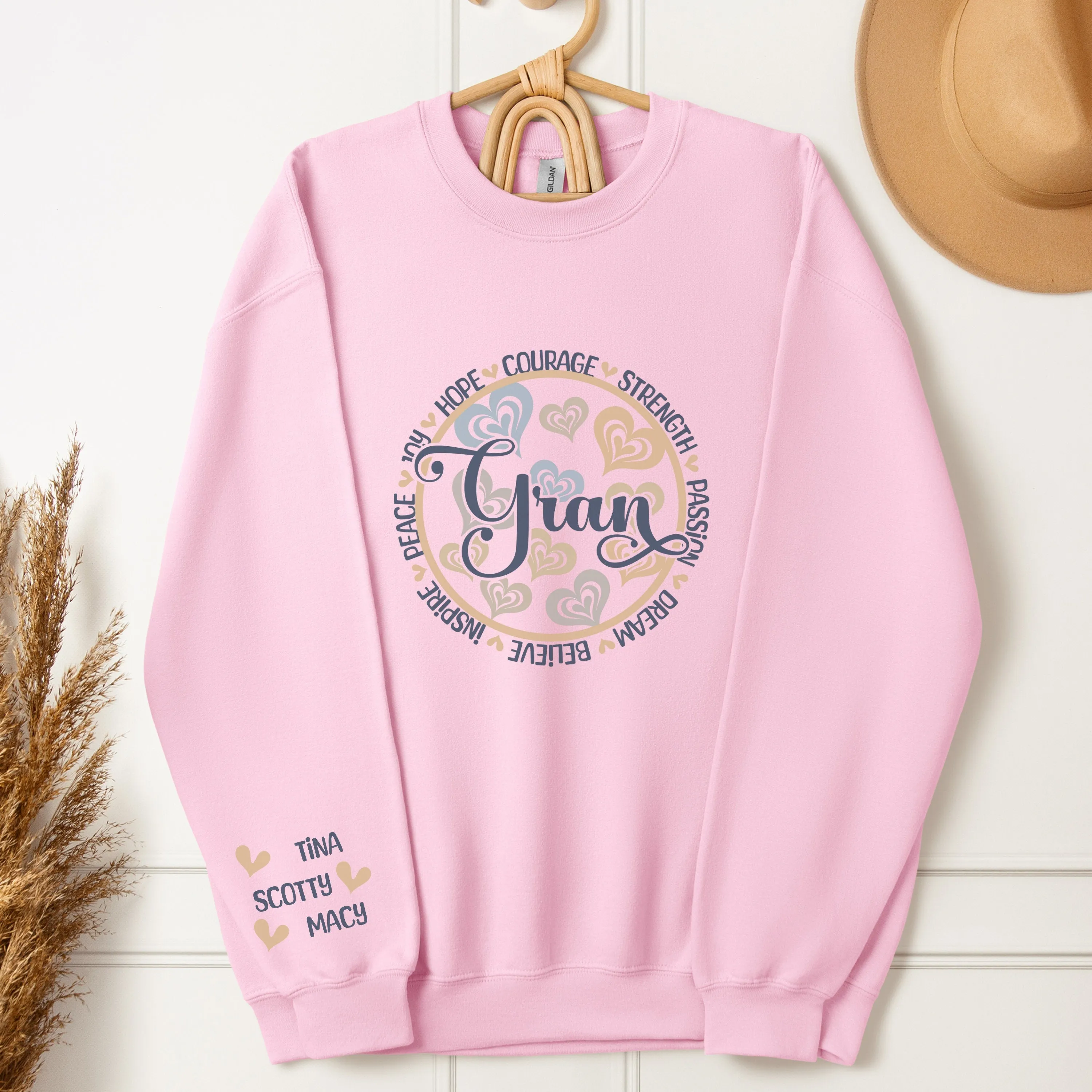 Personalized Sleeve Print Inspirational Grace Sweatshirt With Words of Hope, Strength, and Courage Design, Custom Mother's Day
