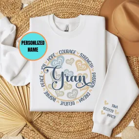 Personalized Sleeve Print Inspirational Grace Sweatshirt With Words of Hope, Strength, and Courage Design, Custom Mother's Day
