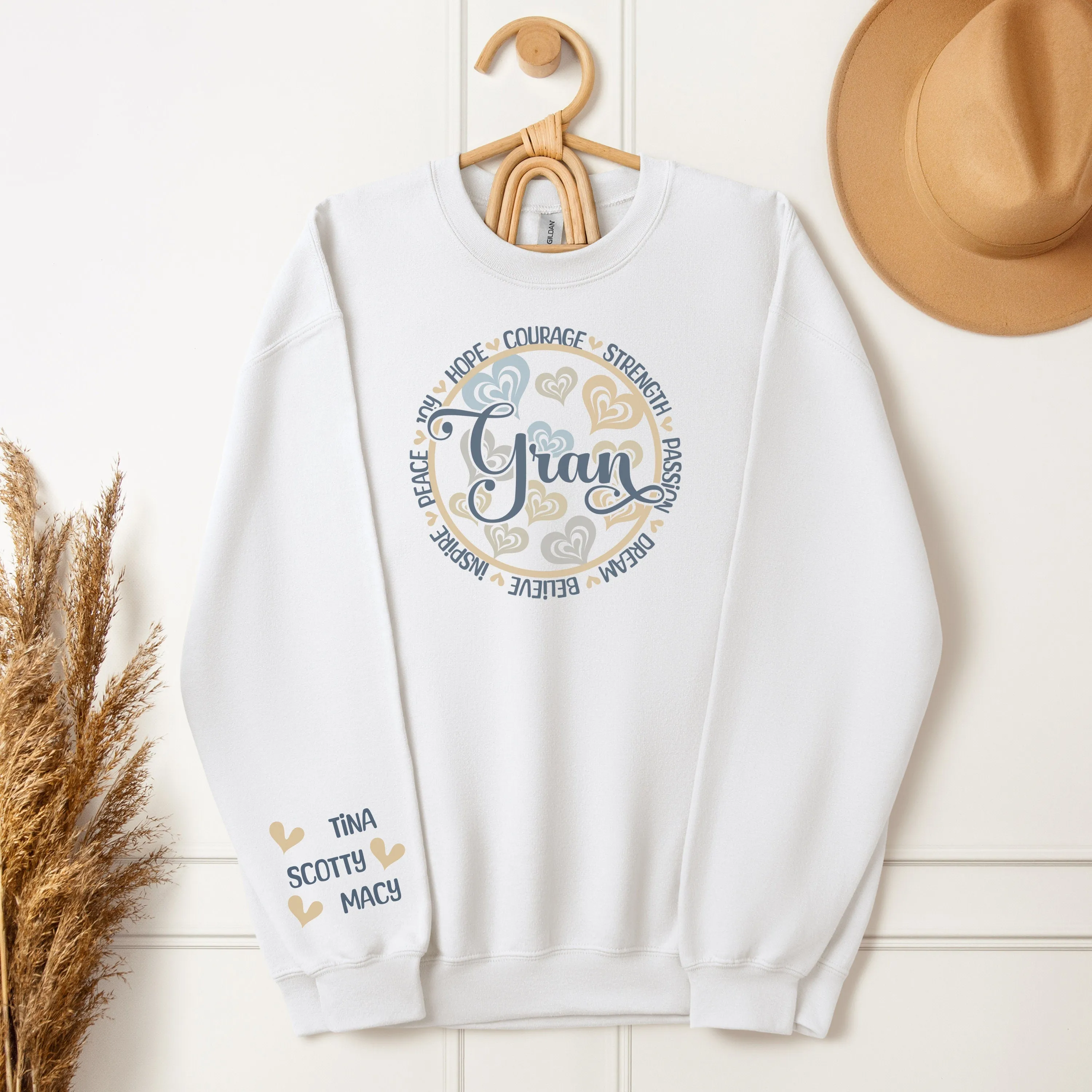 Personalized Sleeve Print Inspirational Grace Sweatshirt With Words of Hope, Strength, and Courage Design, Custom Mother's Day
