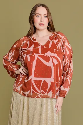 Plus Size Ruffle Abstract Long Sleeve V-Neck Blouse