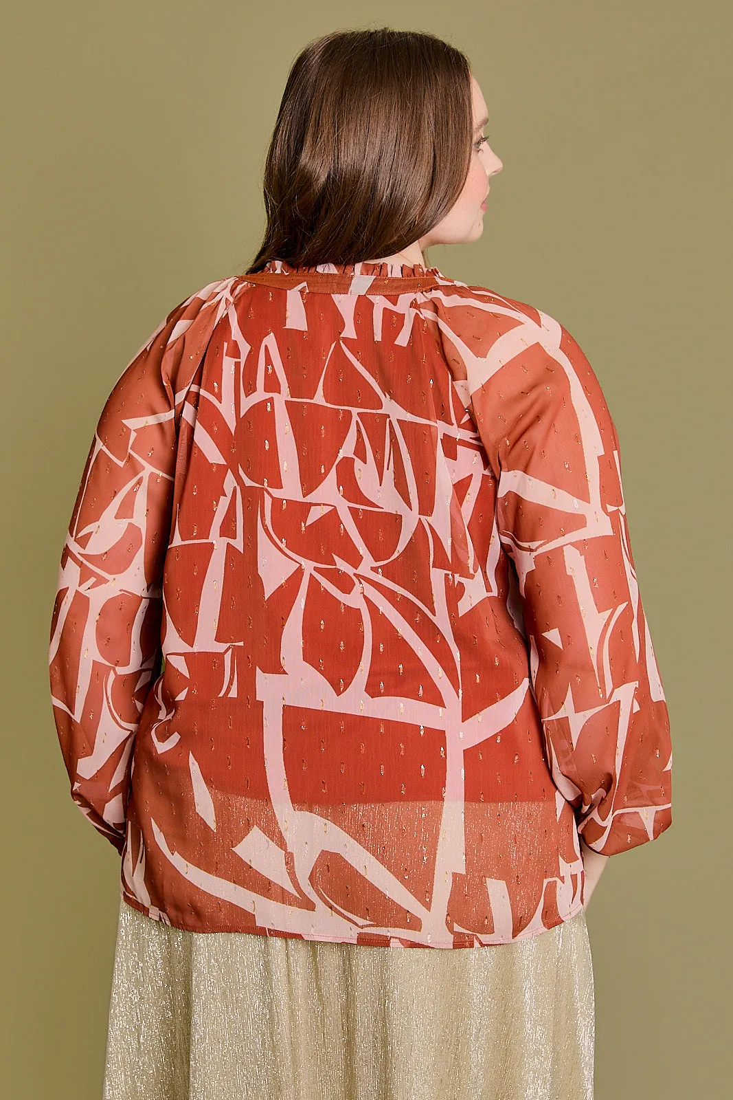 Plus Size Ruffle Abstract Long Sleeve V-Neck Blouse