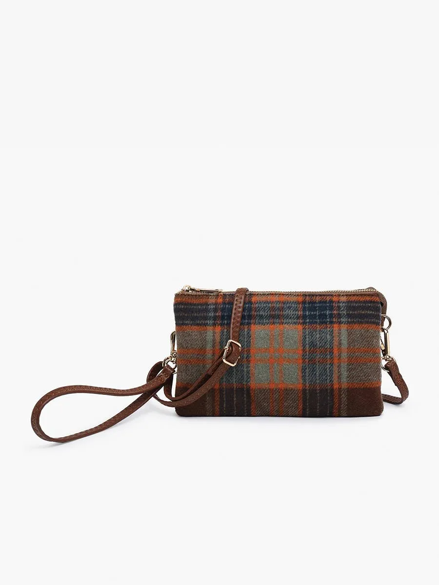 Riley Plaid 3 Compartment Crossbody/Wristlet-Chocolate/Rust Plaid
