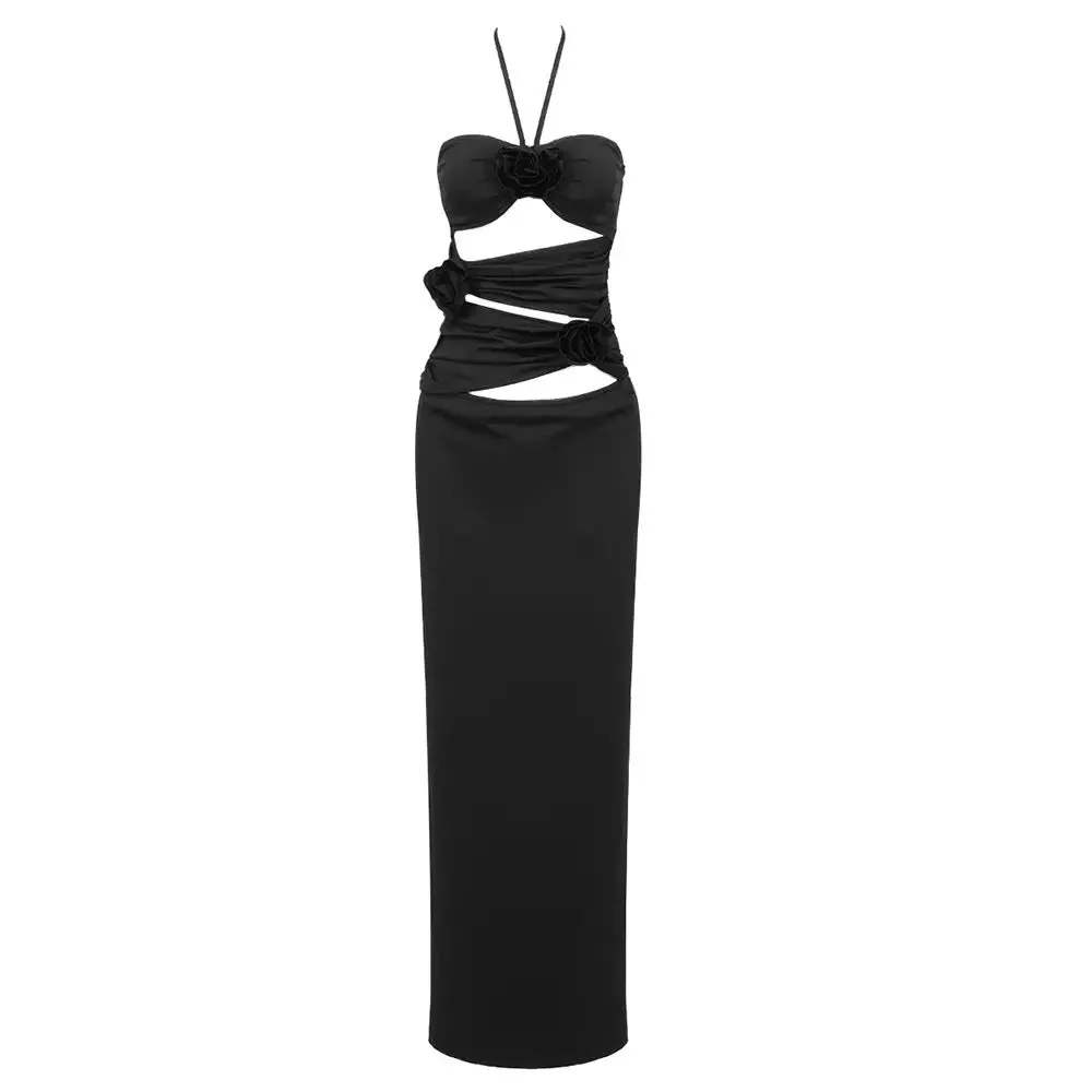 Rosette Cut Out Front Halter Neck Bodycon Dress