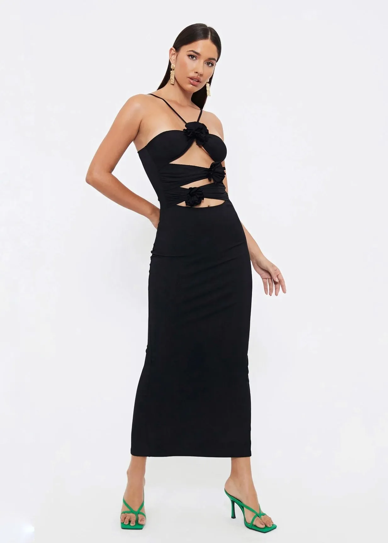 Rosette Cut Out Front Halter Neck Bodycon Dress