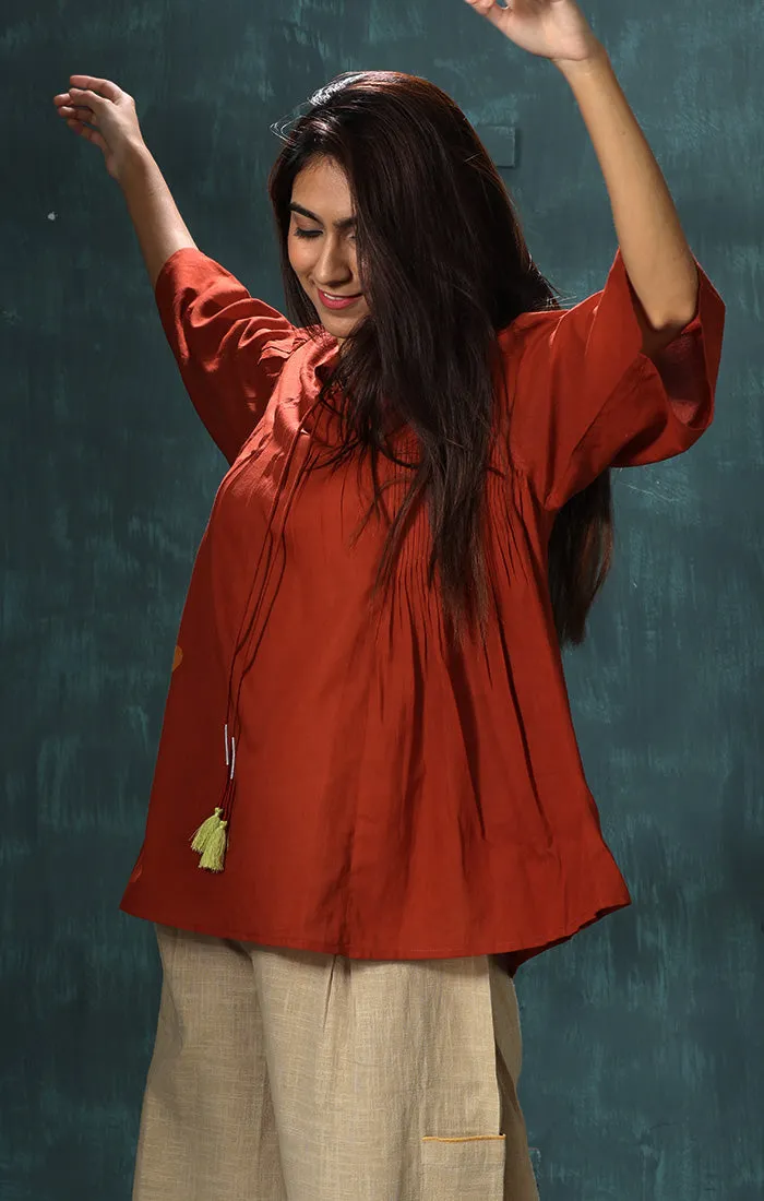 Rust Madder Top with Discharge Prints