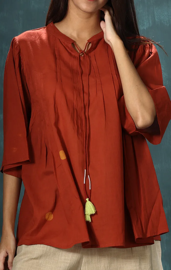 Rust Madder Top with Discharge Prints