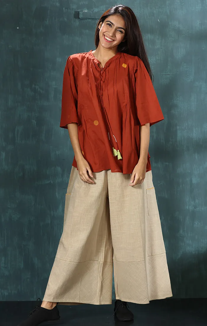 Rust Madder Top with Discharge Prints