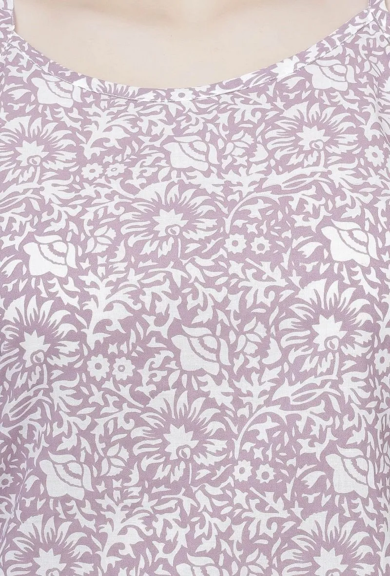 Set of 2: Lilac Floral Hand-Block Printed Cotton Slip with White Palazzo