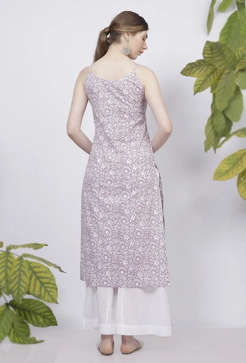 Set of 2: Lilac Floral Hand-Block Printed Cotton Slip with White Palazzo