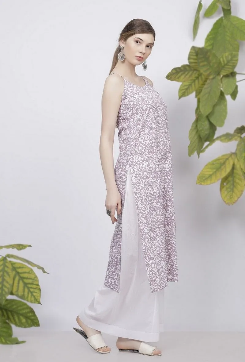 Set of 2: Lilac Floral Hand-Block Printed Cotton Slip with White Palazzo