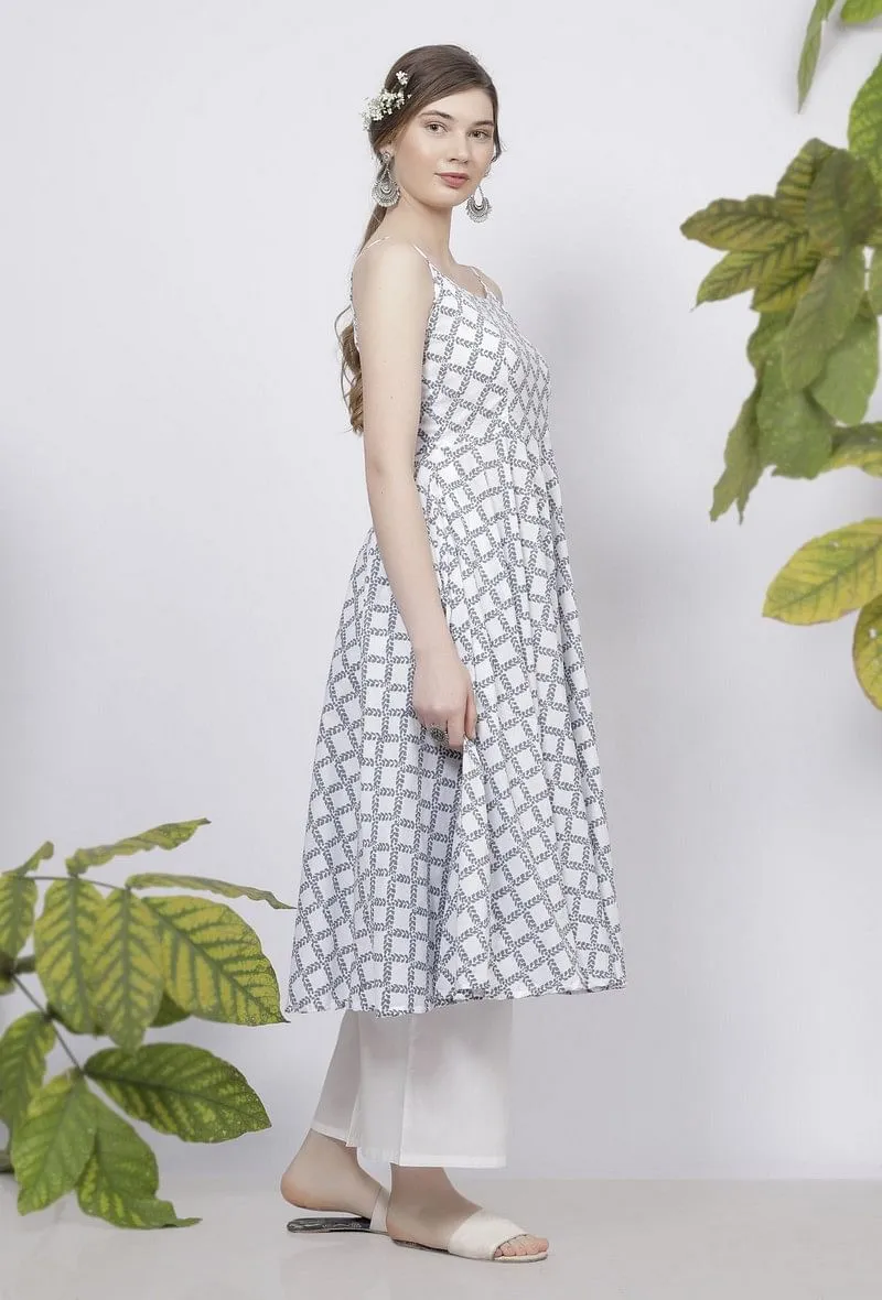 Set of-2 Powder Blue Criss Cross Hand-Block Printed Cotton Slip Kurta with White Cotton Flared Palazzo