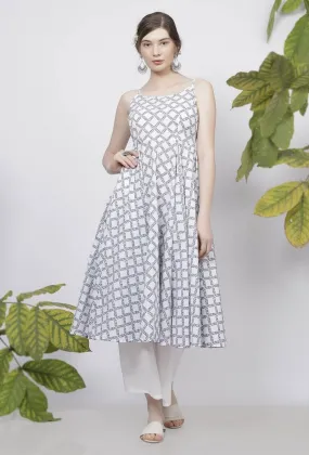 Set of-2 Powder Blue Criss Cross Hand-Block Printed Cotton Slip Kurta with White Cotton Flared Palazzo