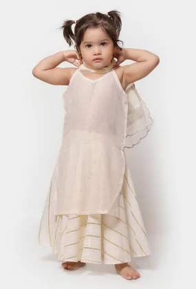 Set of 3 - Gold White Malmal Slip With Gold Stripes Skirt and Dupatta