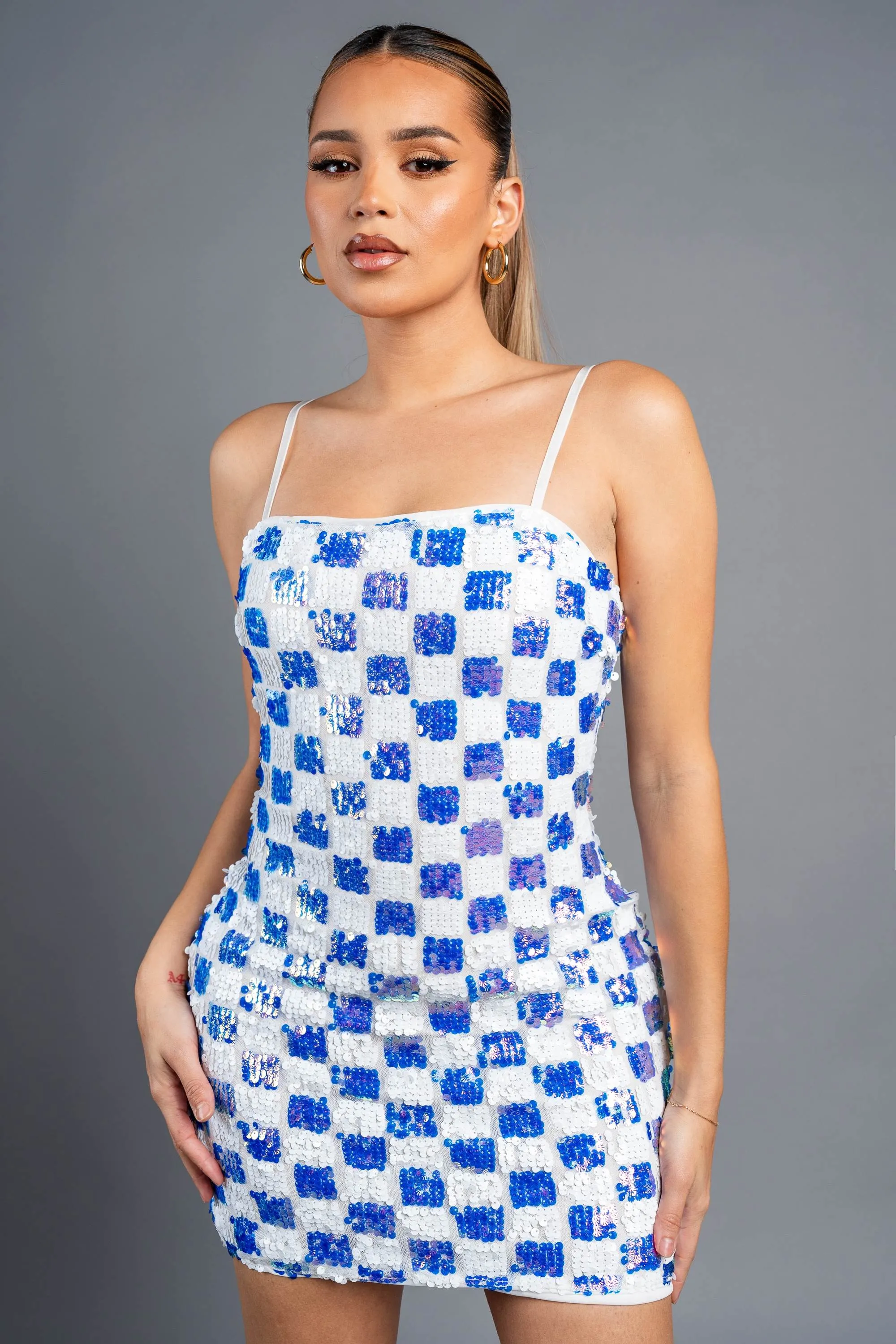SEXY HOLOGRAM CHECK PATTERN SEQUINS TANK DRESS