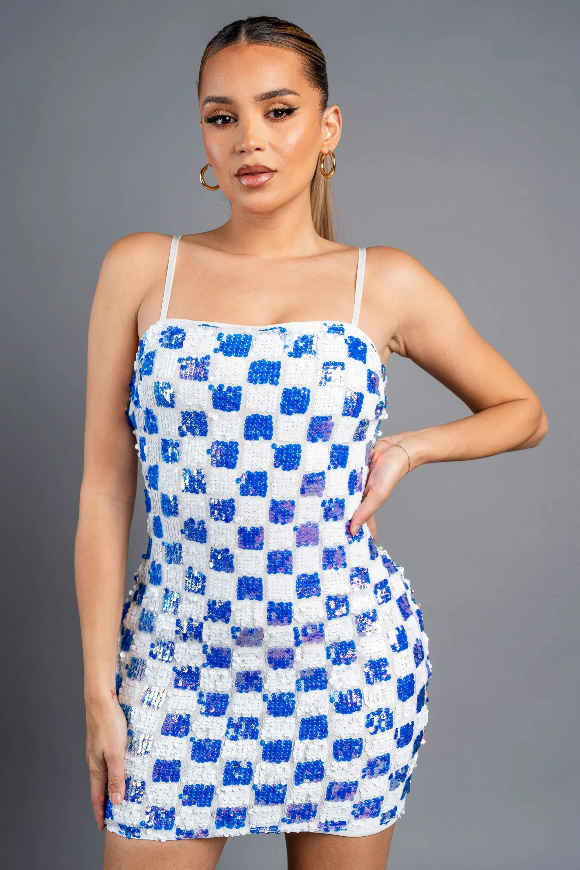 SEXY HOLOGRAM CHECK PATTERN SEQUINS TANK DRESS