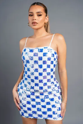 SEXY HOLOGRAM CHECK PATTERN SEQUINS TANK DRESS