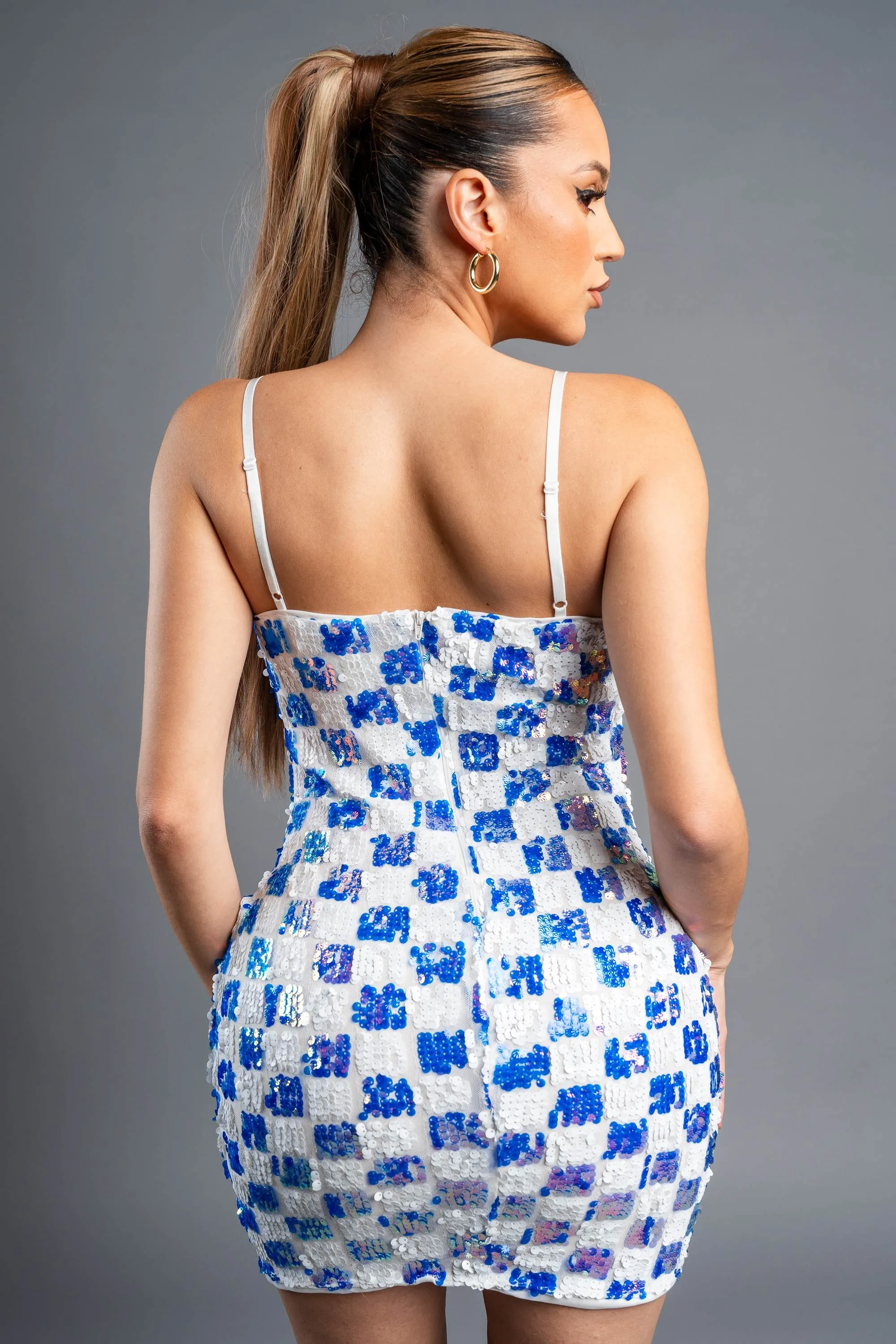 SEXY HOLOGRAM CHECK PATTERN SEQUINS TANK DRESS