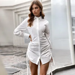 shirt dress V-neck side pleated lace-up dress