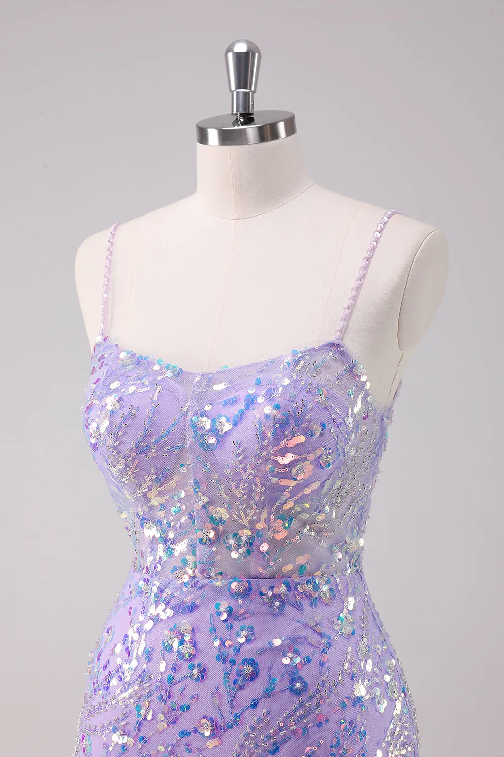 Sparkly Purple Bodycon Spaghetti Straps Short Homecoming Dress with Sequins