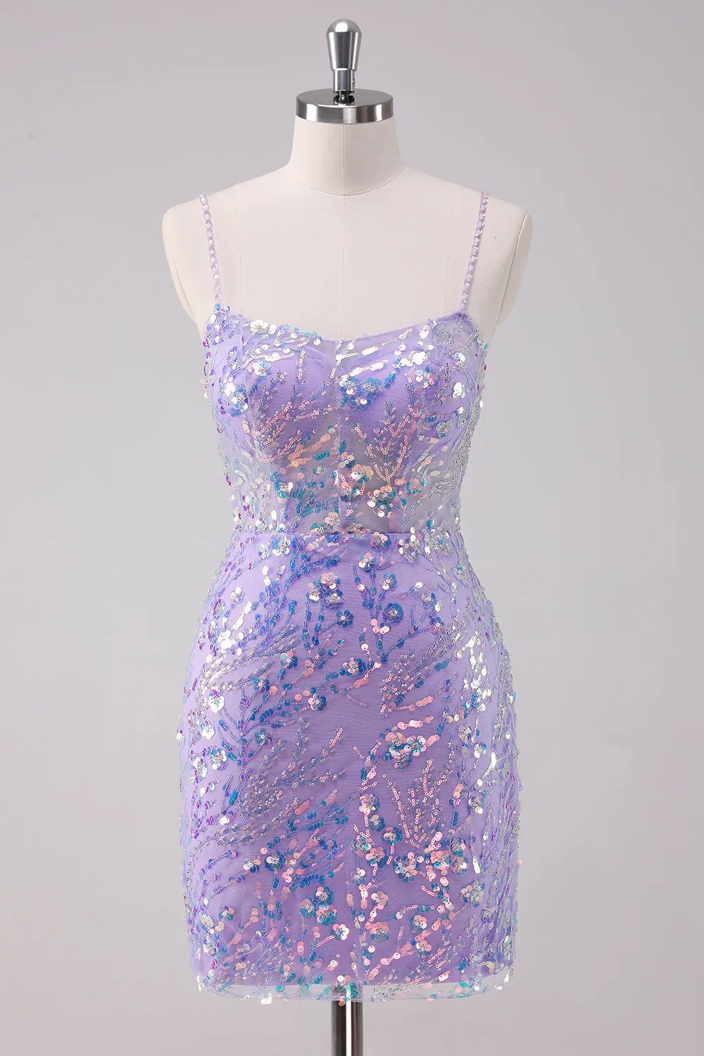 Sparkly Purple Bodycon Spaghetti Straps Short Homecoming Dress with Sequins