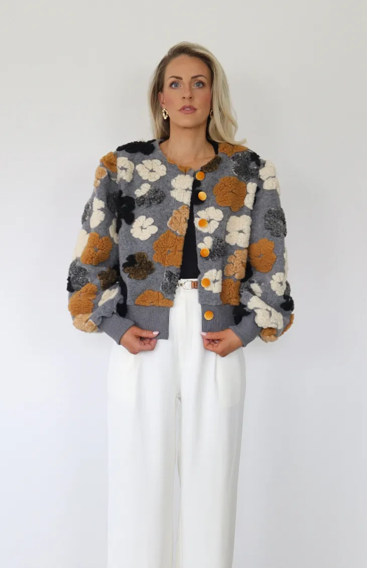 The Floral Cropped Bomber Jacket, Grey/Tan