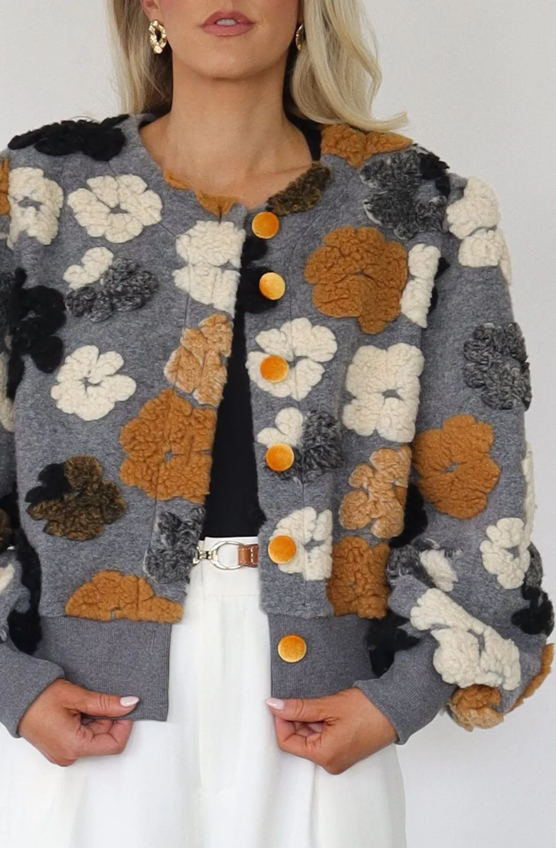The Floral Cropped Bomber Jacket, Grey/Tan