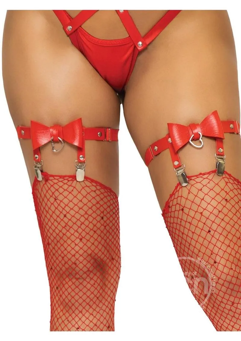 Vegan Leather Thigh High Bow Garter with Adjustable Straps and Heart Ring Accent - O/S
