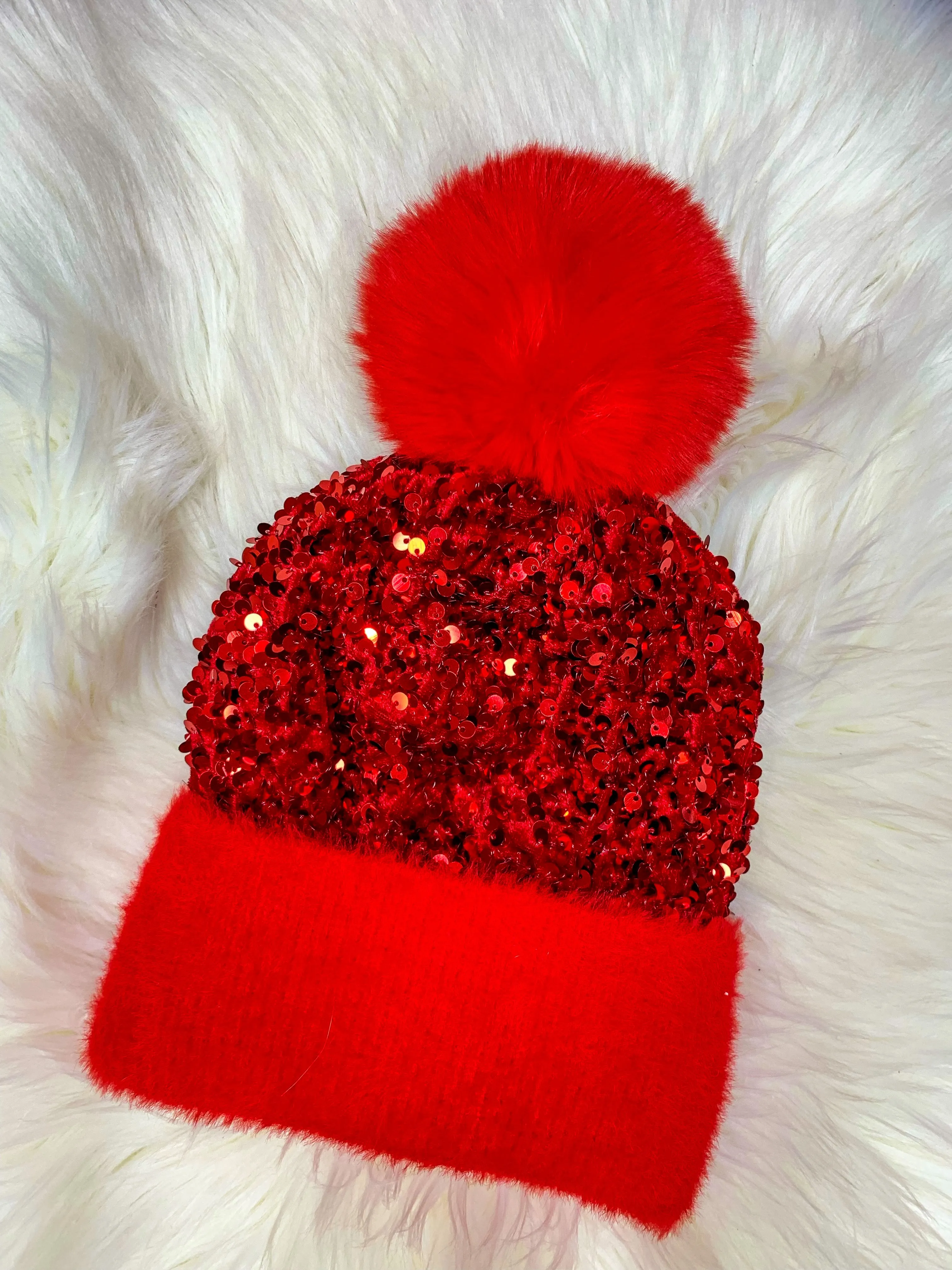 Weekend Coffee Run Sequin Furry Pom Pom Beanie - Red