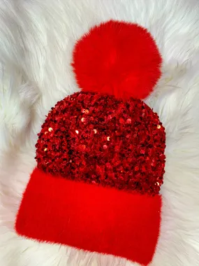 Weekend Coffee Run Sequin Furry Pom Pom Beanie - Red