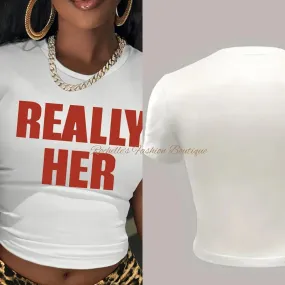 White & Dark Red Really Her Crop Shirt